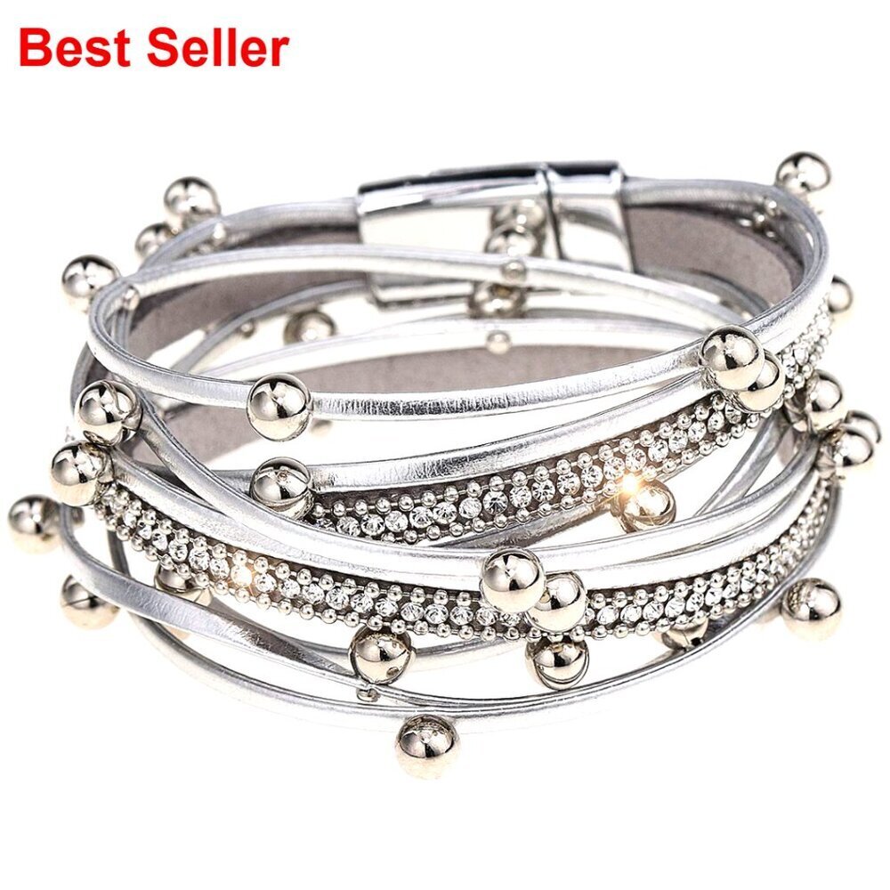 Multilayered Leather Wrap Bracelet with Magnetic Buckle